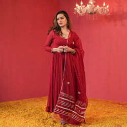 red long anarkali suit set in Plus Size Collection