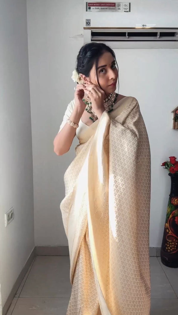 Excellent 1-Minute Ready To Wear Beige SOFT LICHI Silk Saree