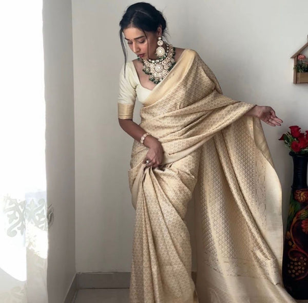 Excellent 1-Minute Ready To Wear Beige SOFT LICHI Silk Saree