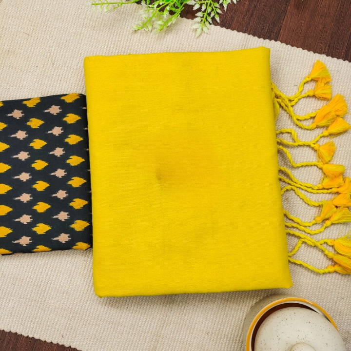 Yellow Handloom Khadi Cotton Saree With Printed Blouse