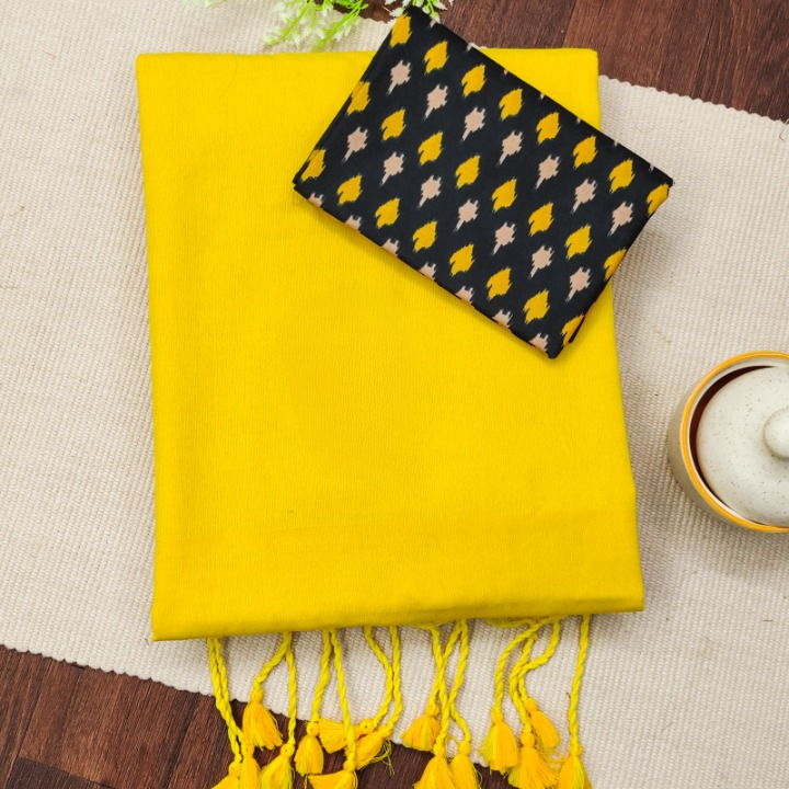 Yellow Handloom Khadi Cotton Saree With Printed Blouse