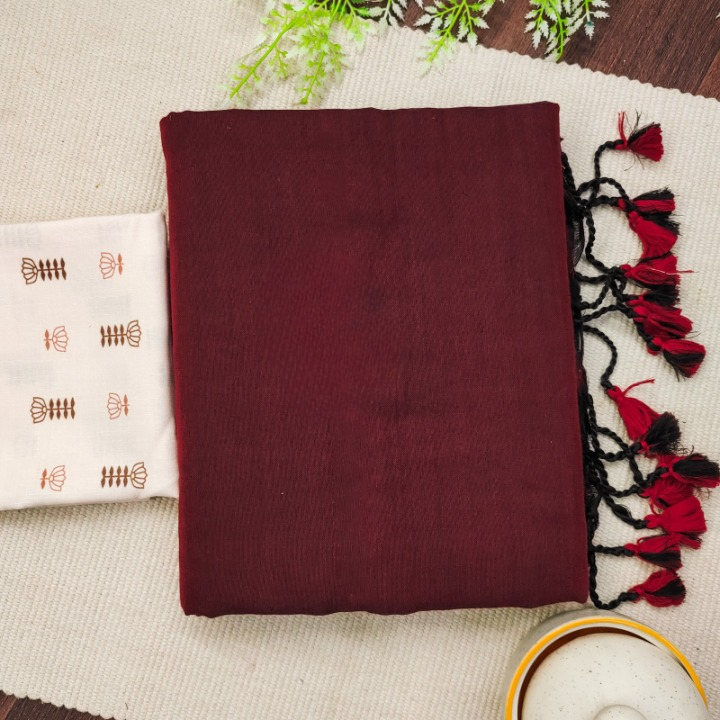 Premium Maroon Handloom Cotton Saree With Blouse