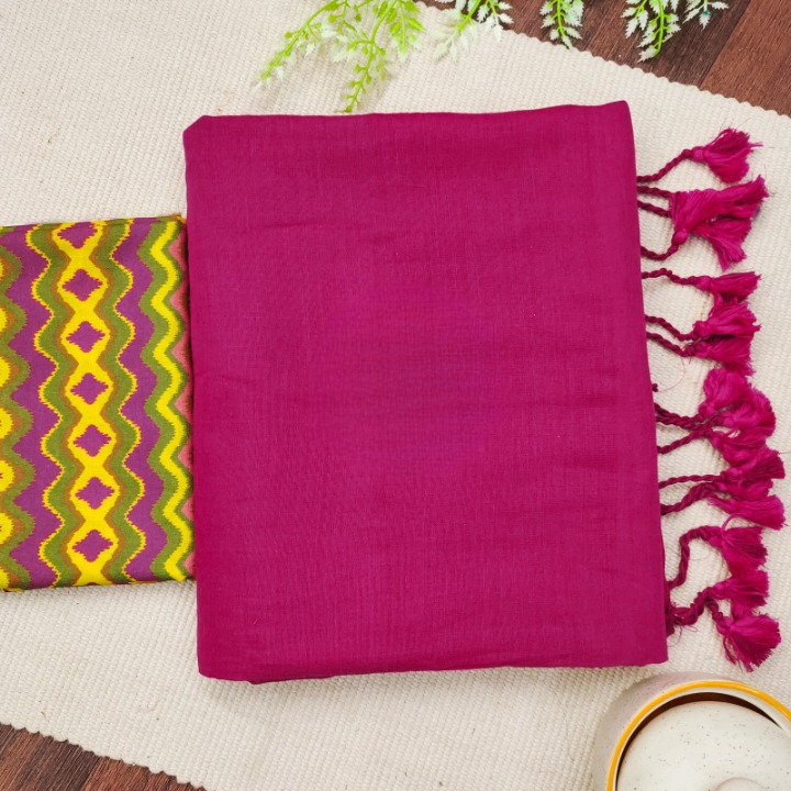 Designer Pink Handloom Cotton Saree with Tassels And Printed Blouse