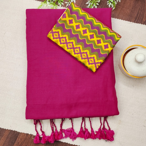 Designer Pink Handloom Cotton Saree with Tassels And Printed Blouse