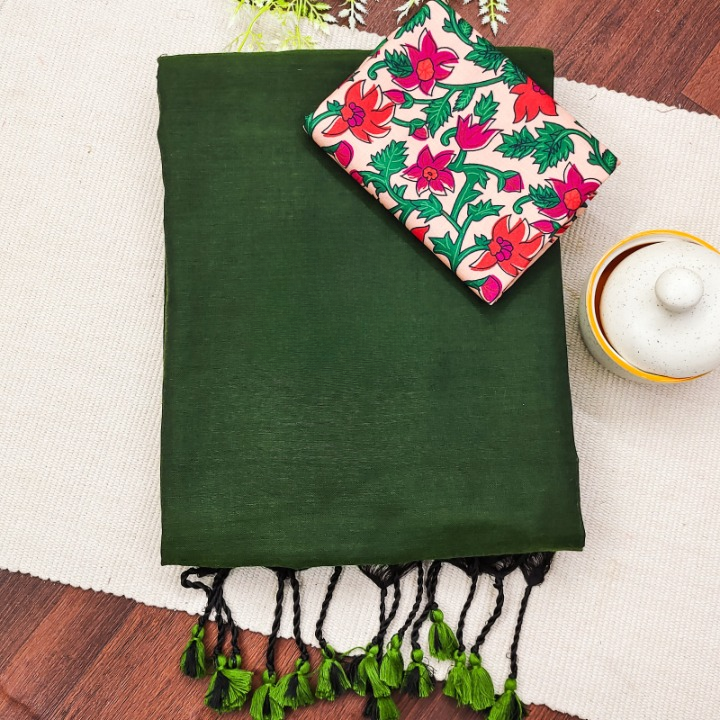 Green Colour Traditional Looking Handloom Cotton Saree with Digital Printed Blouse