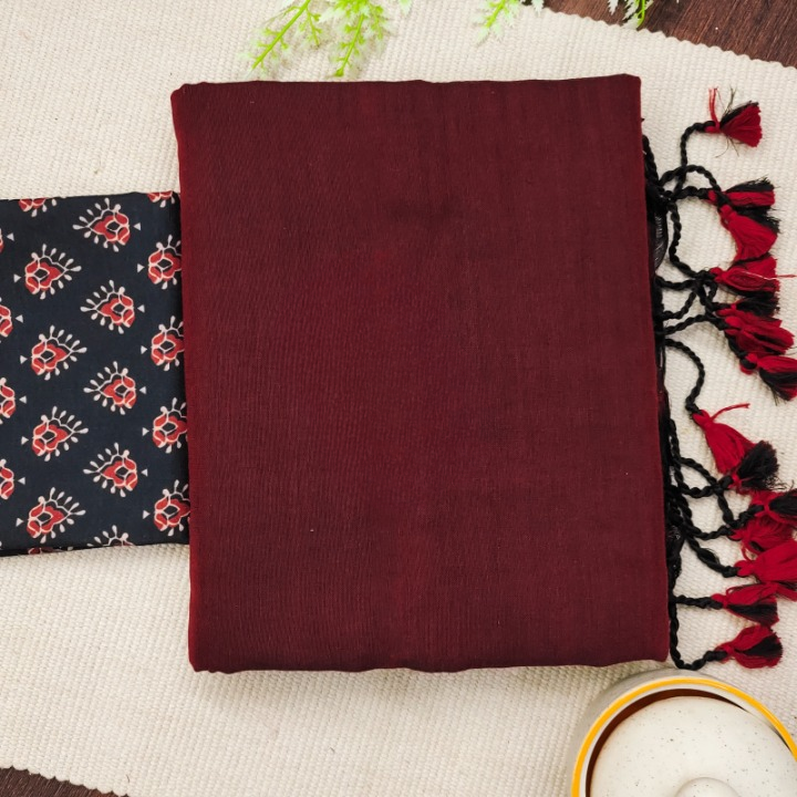 Sustainable Maroon Handloom Cotton Saree With Pompom And Designer Blouse