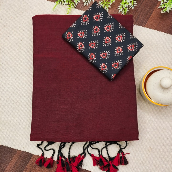 Sustainable Maroon Handloom Cotton Saree With Pompom And Designer Blouse