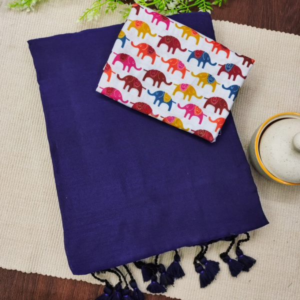 Beary Navy Blue Khadi Saree with Elephant designer Print Multi Colour Cotton Blouse