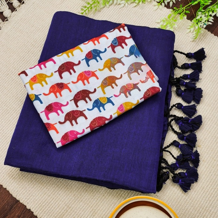 Beary Navy Blue Khadi Saree with Elephant designer Print Multi Colour Cotton Blouse