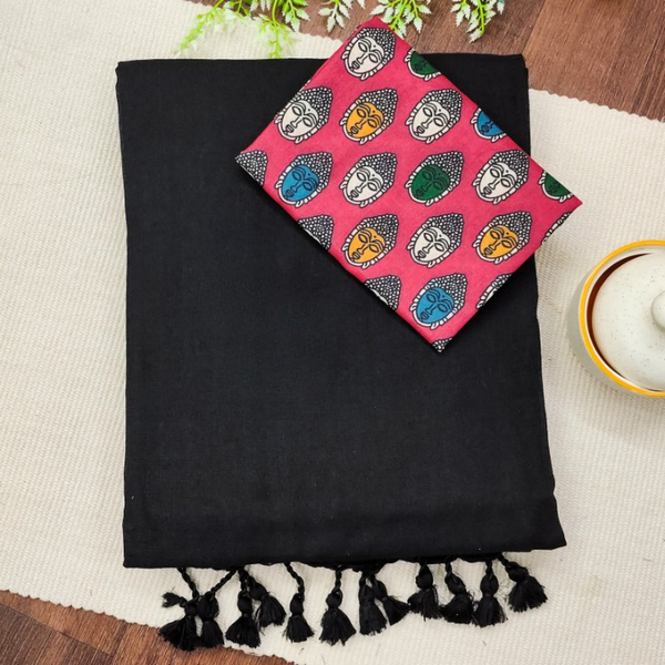 Black Saree with Designer Kalamkari Cotton Blouse