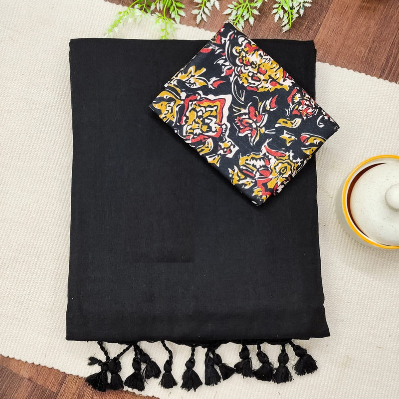 Black Khadi Cotton Saree With Kalamkari Printed Blouse