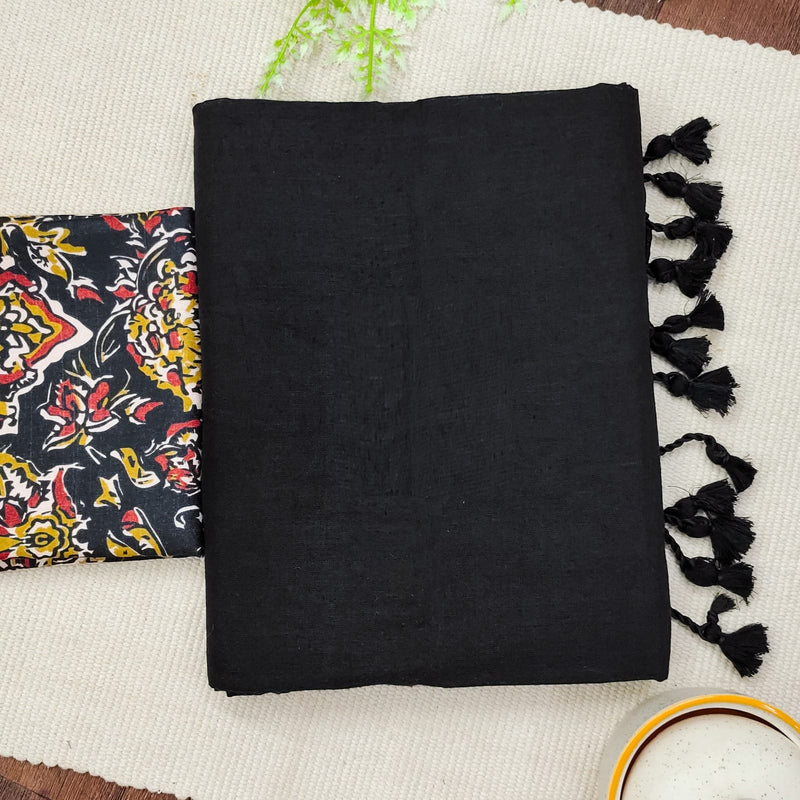 Black Khadi Cotton Saree With Kalamkari Printed Blouse