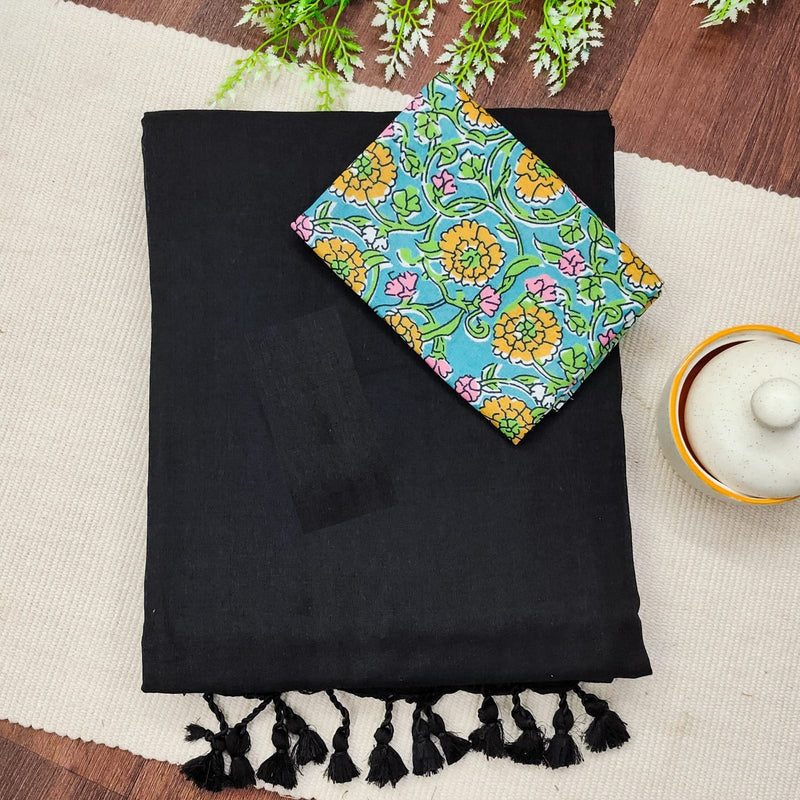 Black Handloom Cotton Saree & Designer Blouse