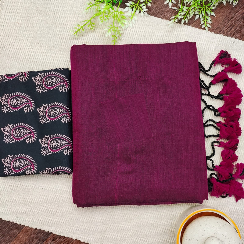 Wine Khadi Cotton Saree With Mango Printed Blouse