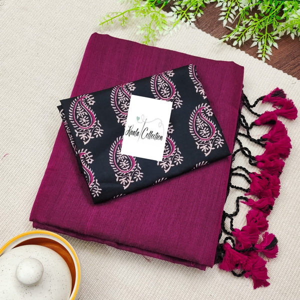 Wine Khadi Cotton Saree With Mango Printed Blouse