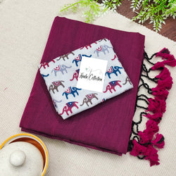 Wine Handloom Saree With Elephant Print Multi Colour Cotton Blouse