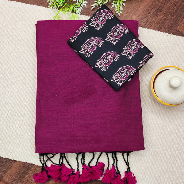 Wine Khadi Cotton Saree With Mango Printed Blouse