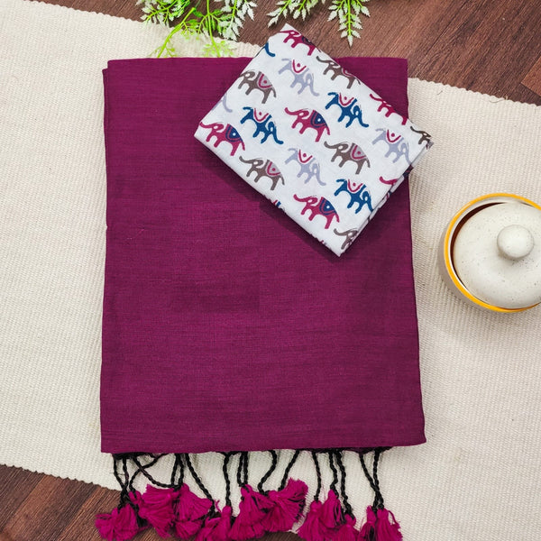 Wine Handloom Saree With Elephant Print Multi Colour Cotton Blouse