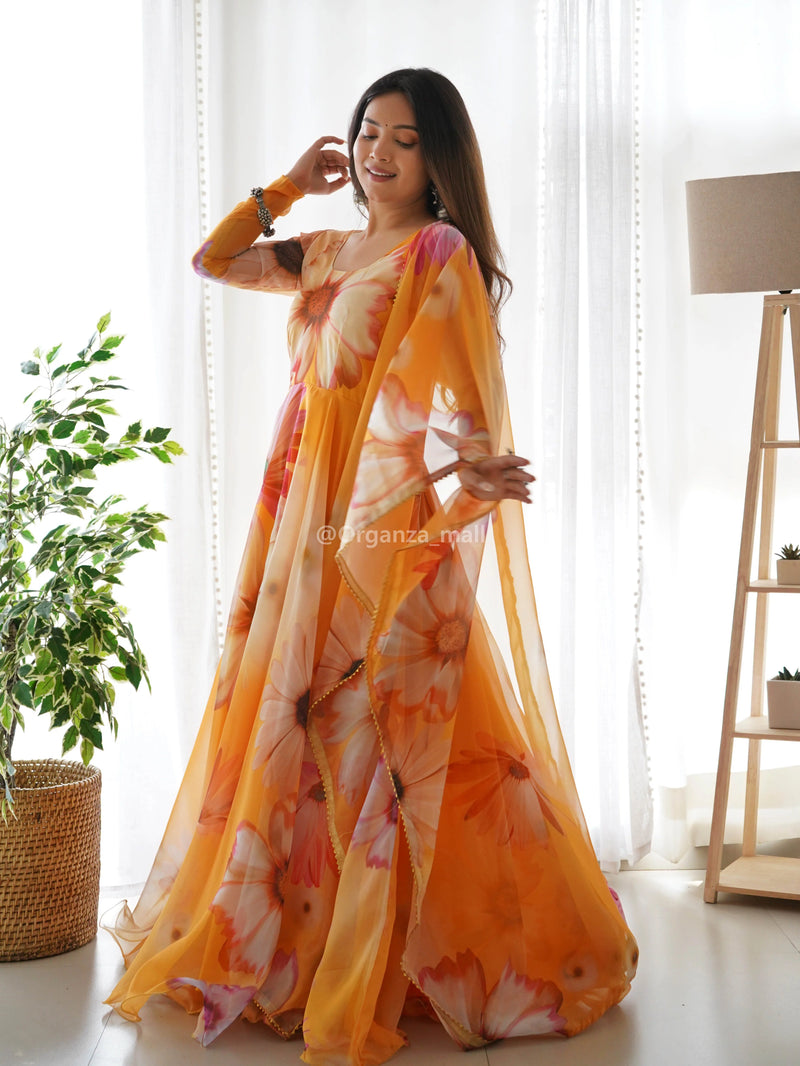 AURORA YELLOW FLOWER PRINTED PURE GEORGTTE ANARKALI WITH DUPATTA COLLECTION