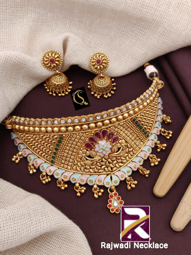 Rajwadi Traditional  Choker Set with Earrings Brass High Gold Antique