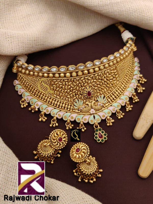 Rajwadi Traditional  Choker Set with Earrings Brass High Gold Antique
