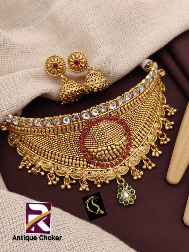 Rajwadi Traditional  Choker Set with Earrings Brass High Gold Antique