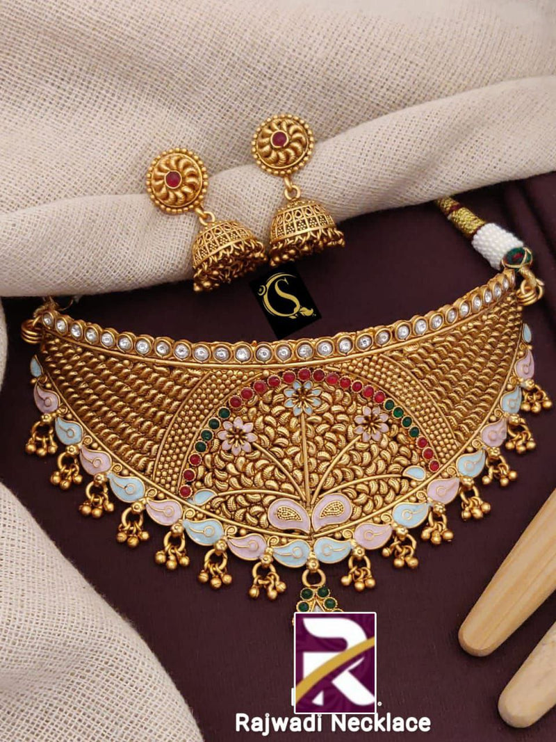 Rajwadi Traditional  Choker Set with Earrings Brass High Gold Antique