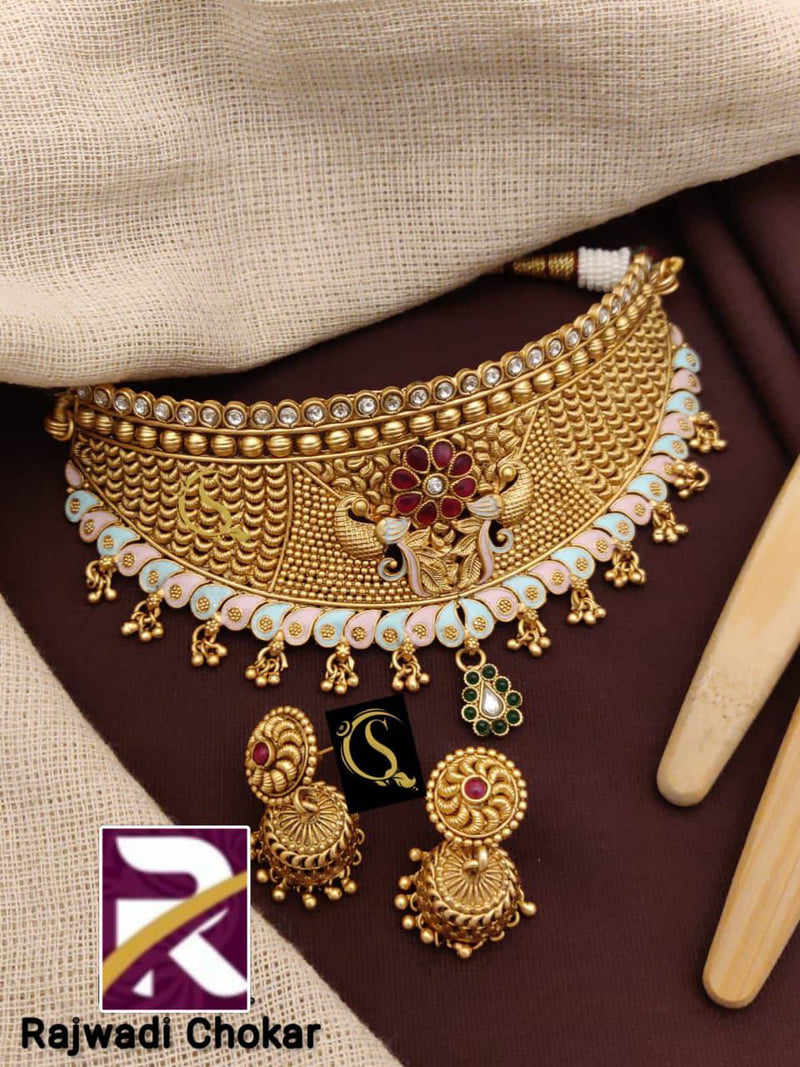 Rajwadi Traditional  Choker Set with Earrings Brass High Gold Antique