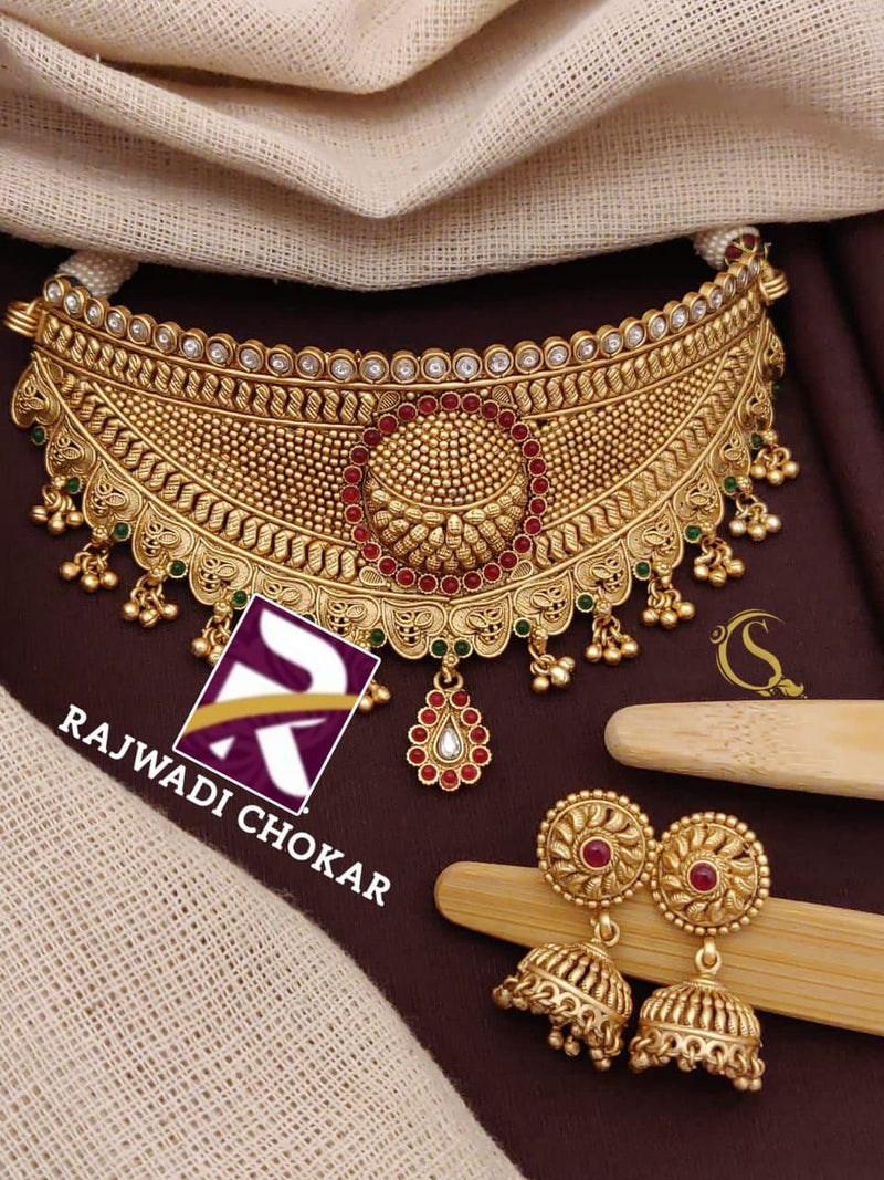 Rajwadi Traditional  Choker Set with Earrings Brass High Gold Antique