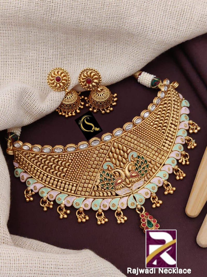 Rajwadi Traditional  Choker Set with Earrings Brass High Gold Antique