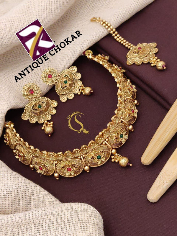 Rajwadi Mina and Diamond Necklace set with Earrings Brass High Gold Antique