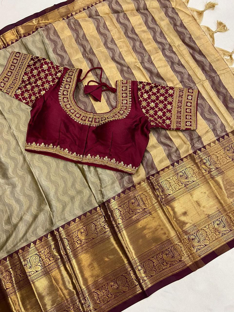 Heavy aura rich cotton silk  saree with ready made blouse concept