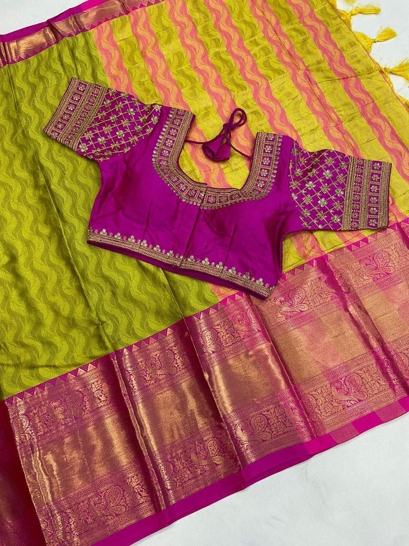 Heavy aura rich cotton silk  saree with ready made blouse concept