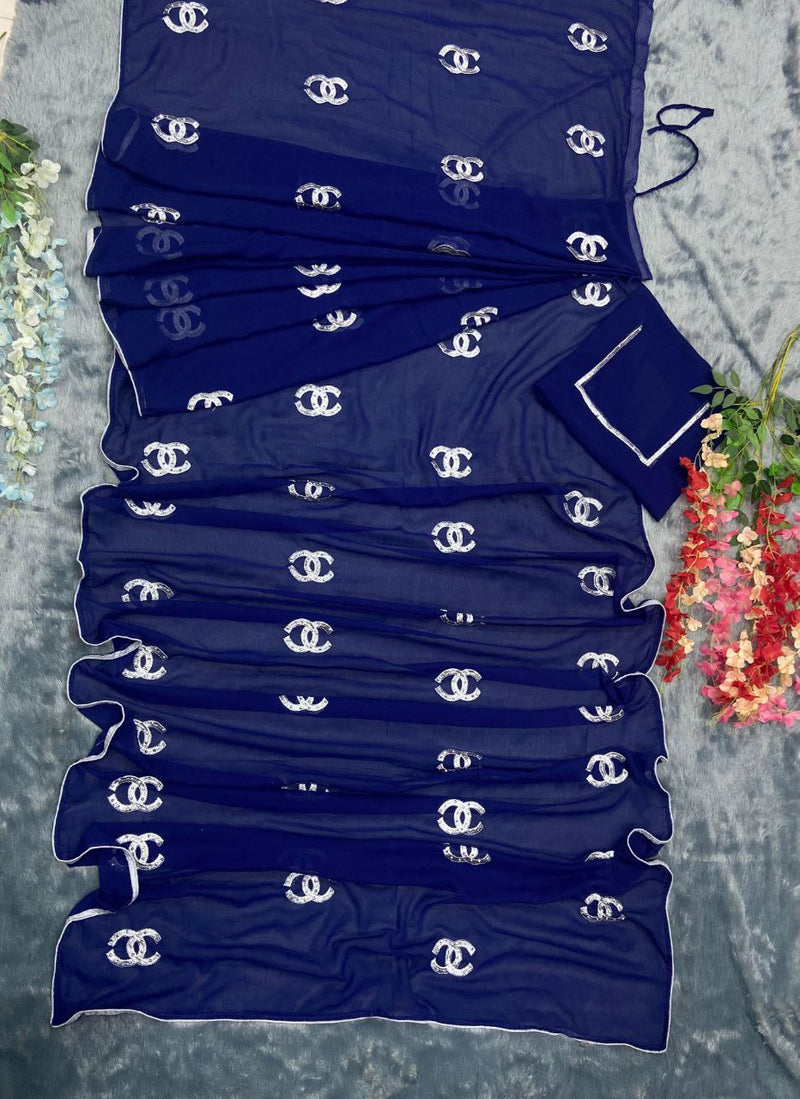 Premium Georgette Embellished With Embroidery Work With Diamond and Piping Work Ready to wear saree