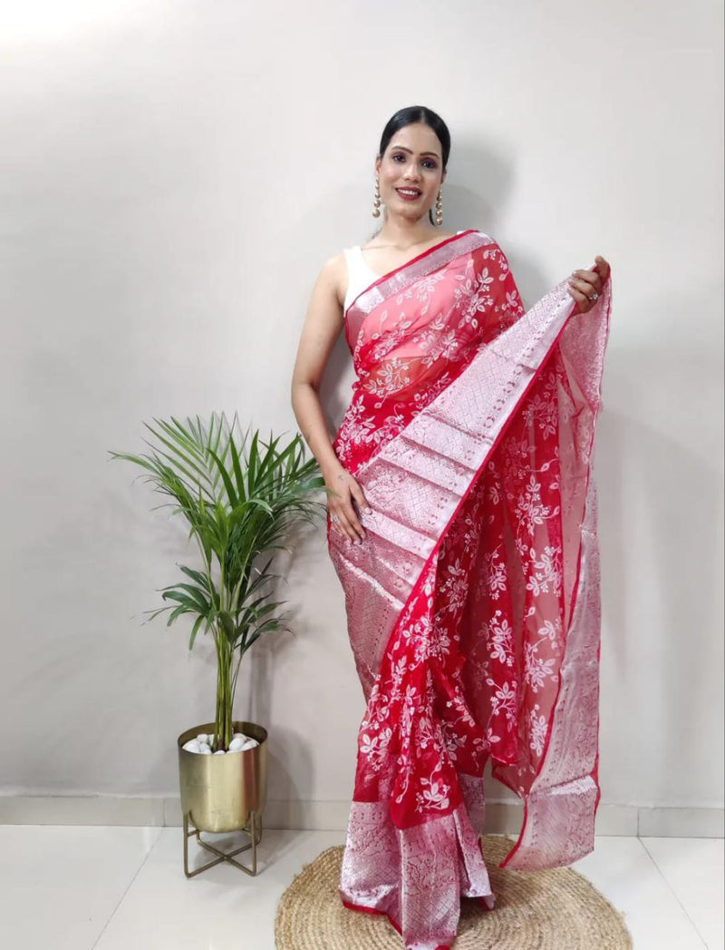 Kanchi Organza Jacquard Foil Pigment Full Work Saree