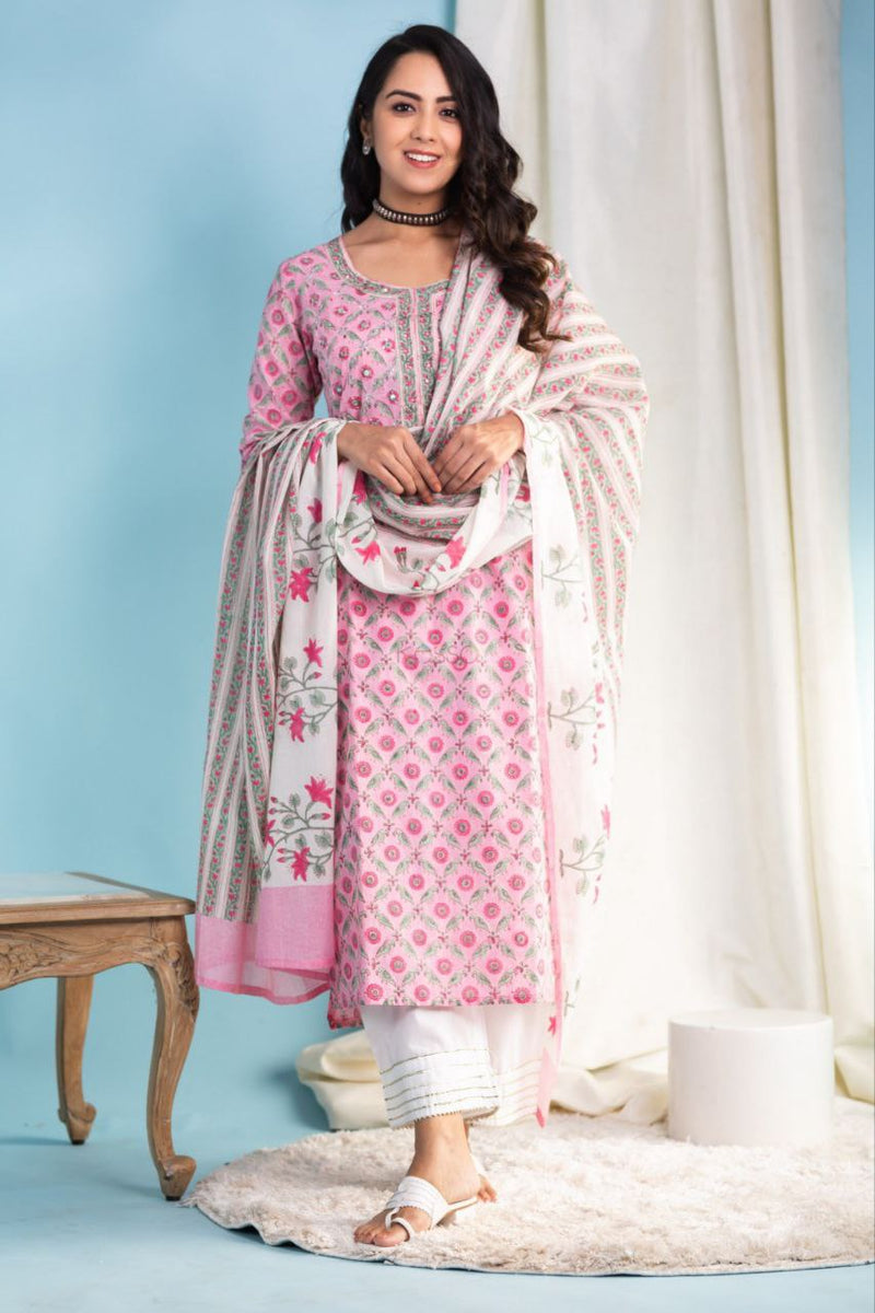 cotton Floral Printed Kurta pant with duppatta set