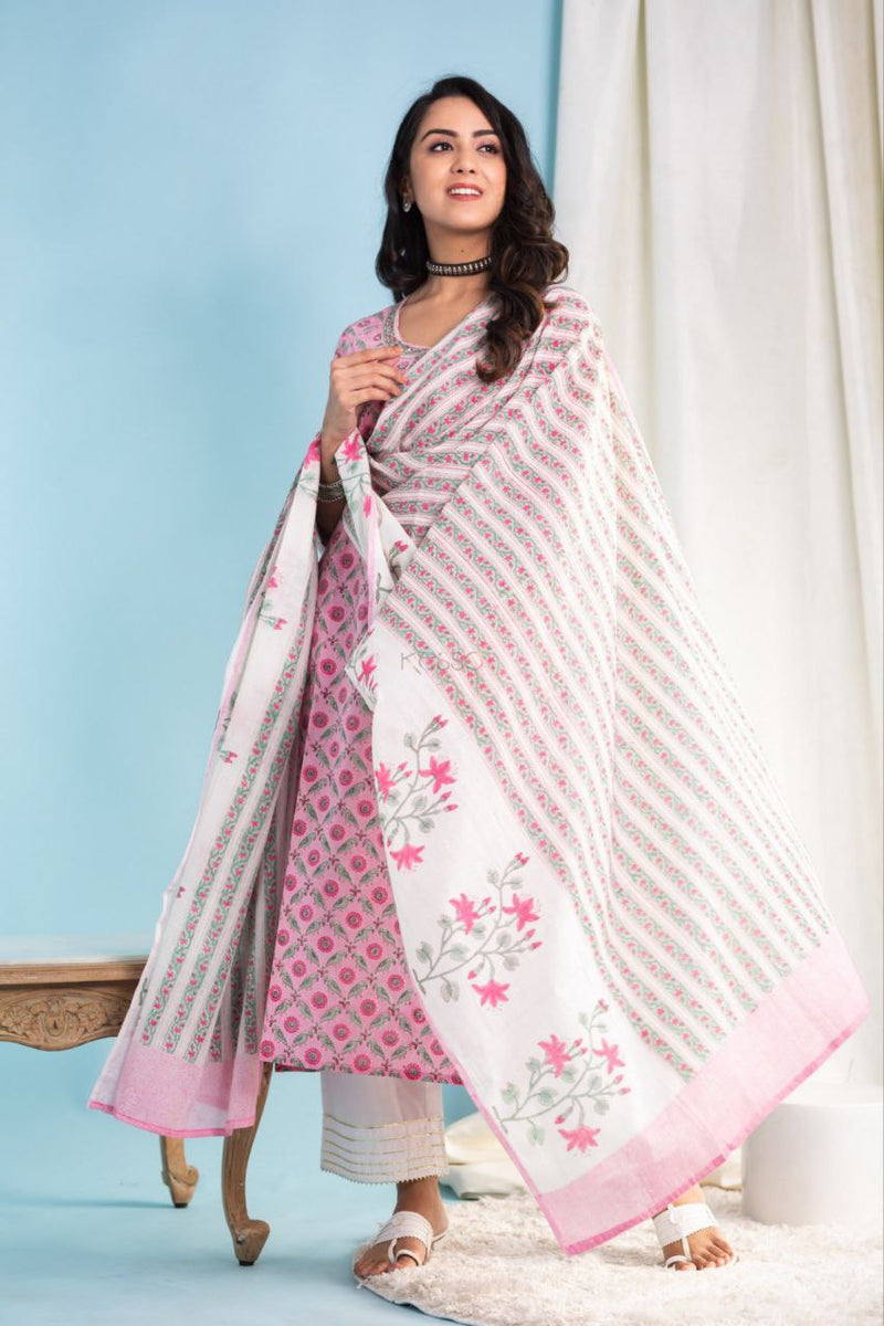 cotton Floral Printed Kurta pant with duppatta set