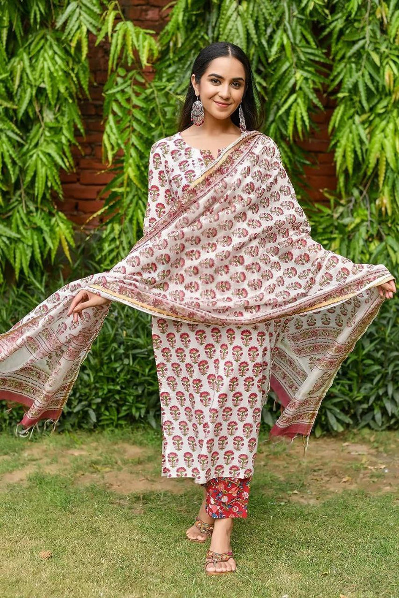 cotton  Floral Printed Kurta pant with duppatta set