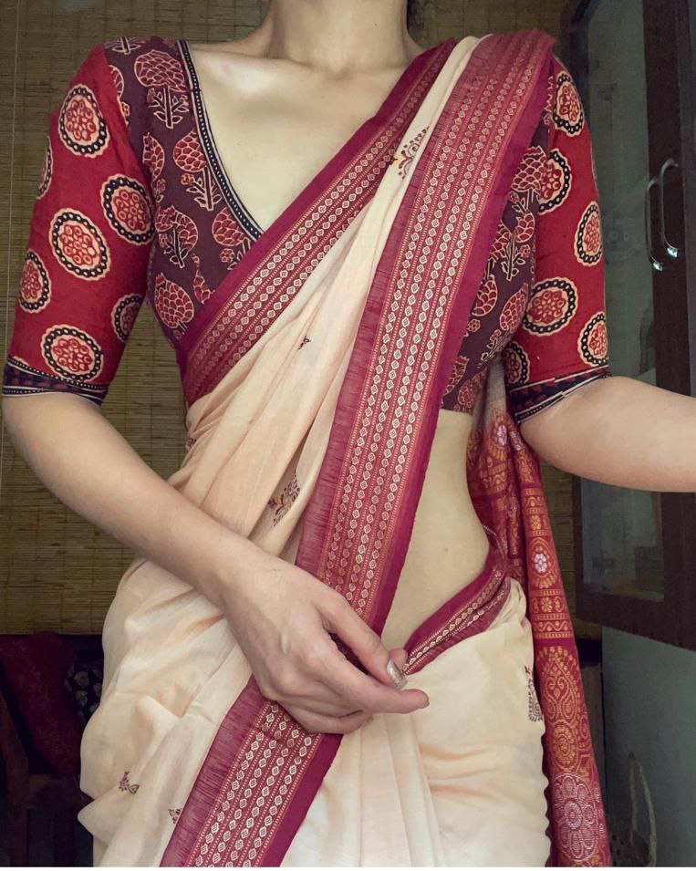 Premium Chanderi Saree in Digital Print All Over The Saree And Chanderi Contrast Blouse