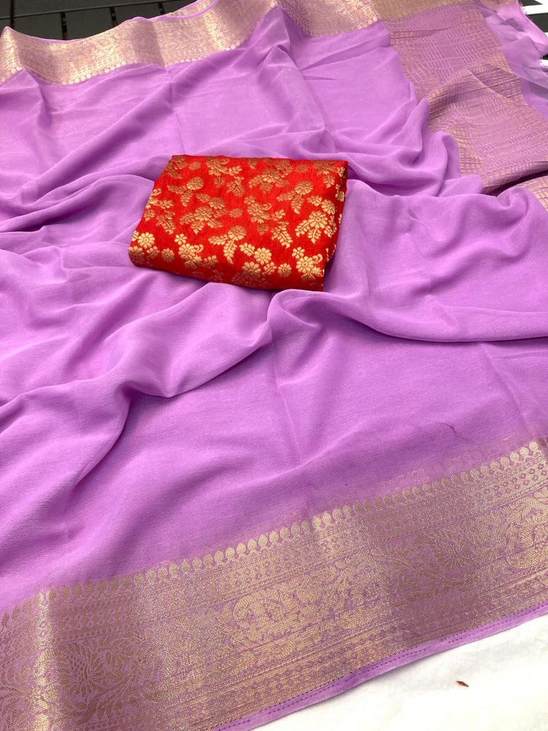 Pure chiffon jacquard border with pallu saree