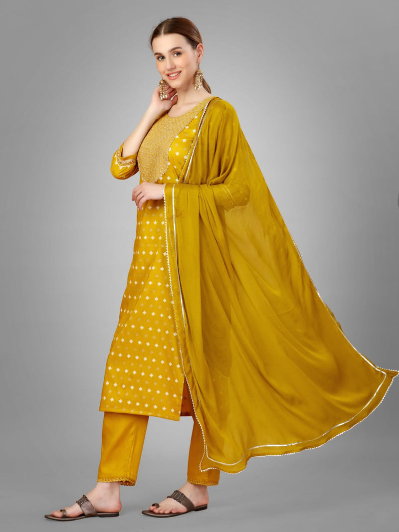 Embroidered Straight Kurta Pants Set with Dupatta