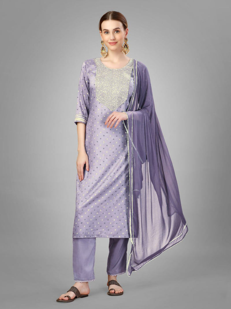 Embroidered Straight Kurta Pants Set with Dupatta