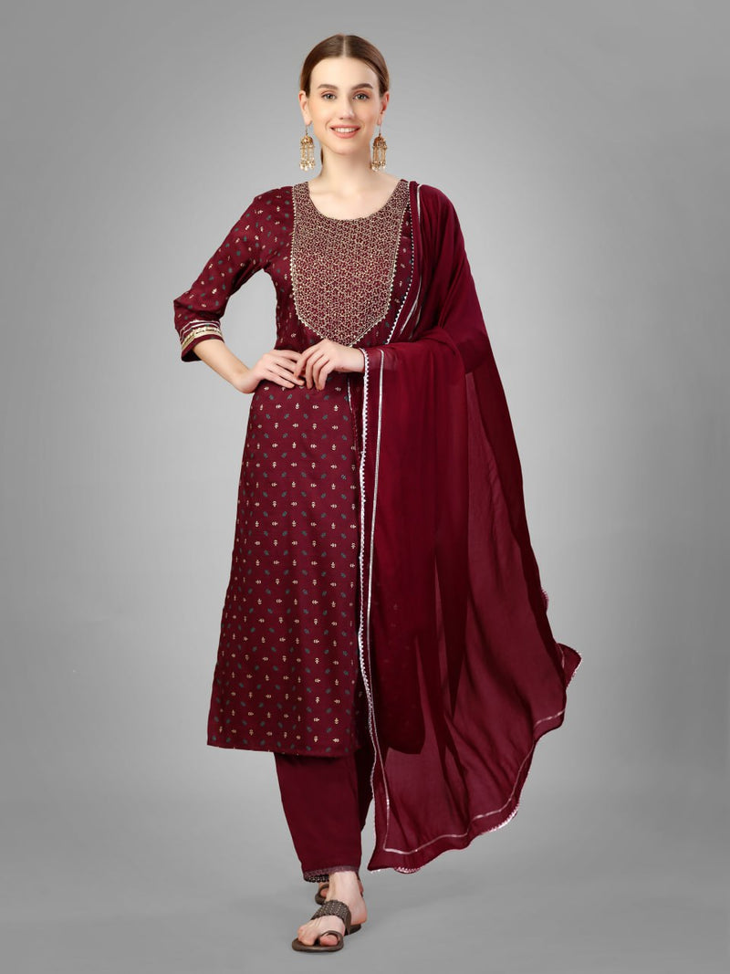 Embroidered Straight Kurta Pants Set with Dupatta