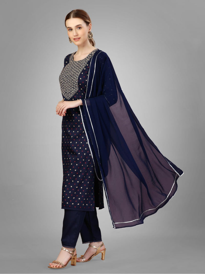 Embroidered Straight Kurta Pants Set with Dupatta