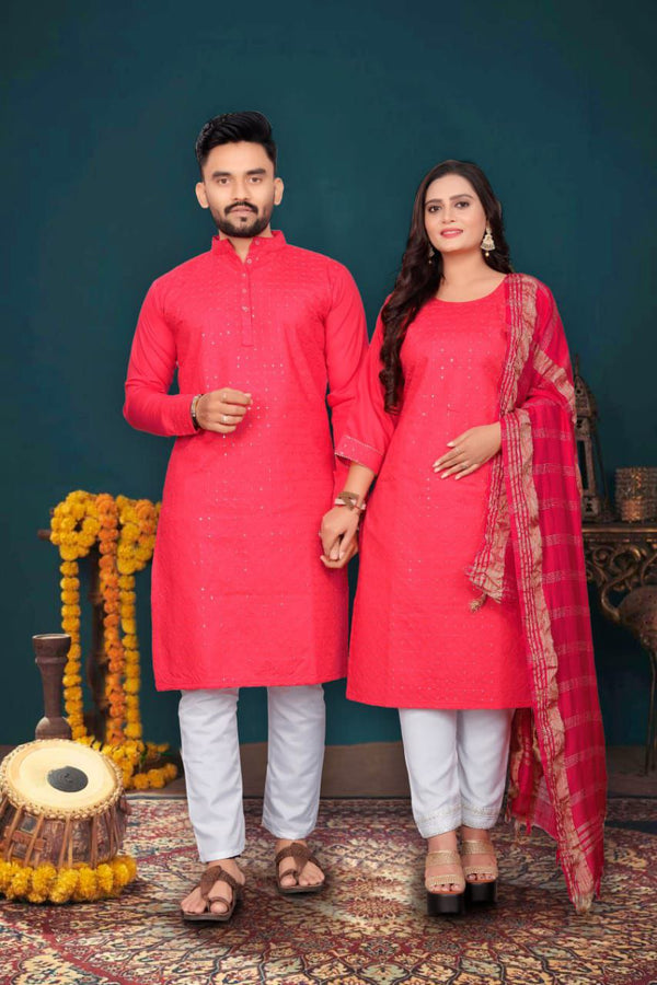Indian Traditional Couple Combo Dress, Kurta Pajama Set For Men And Kurti Pajama Set For Women