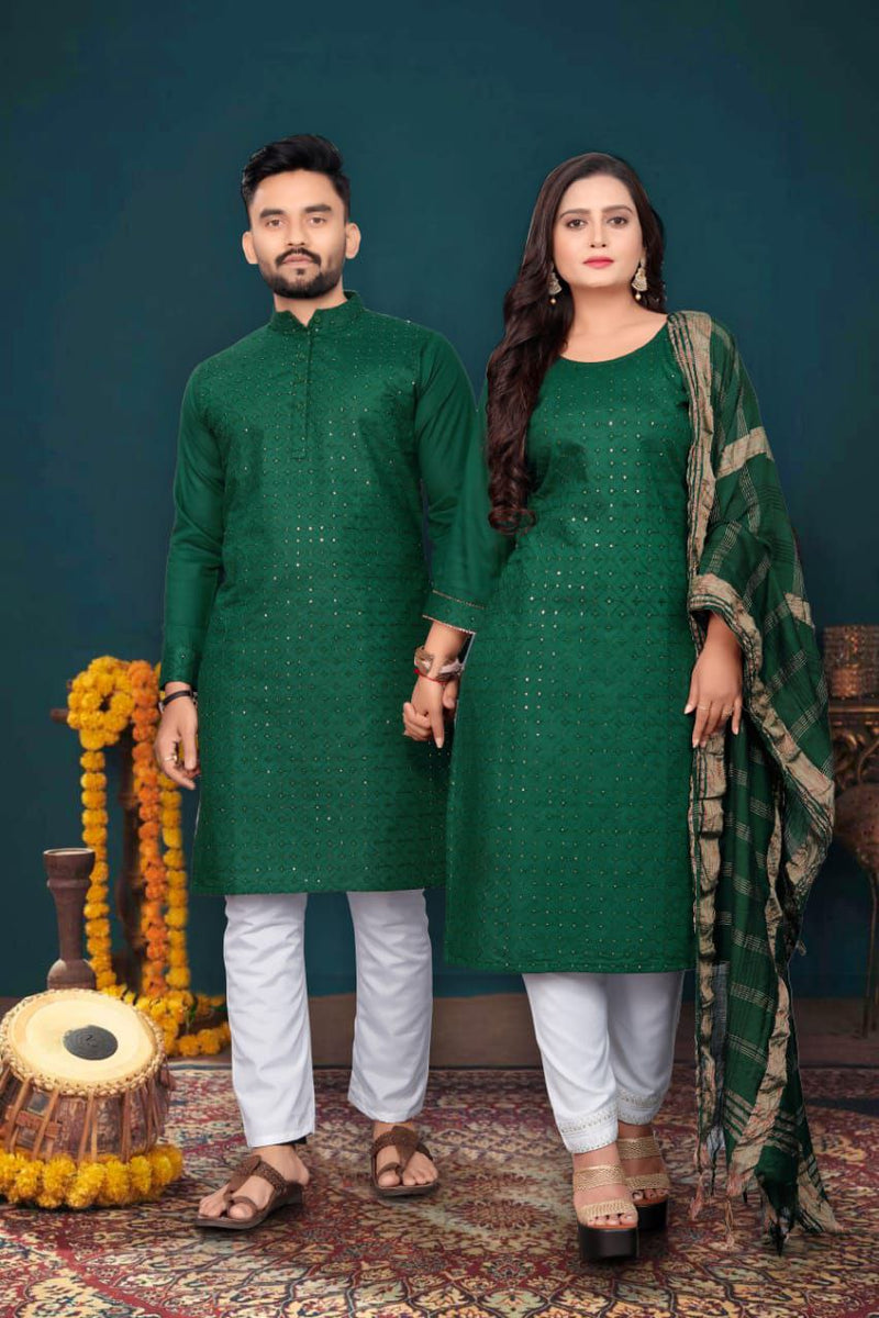 Indian Traditional Couple Combo Dress, Kurta Pajama Set For Men And Kurti Pajama Set For Women