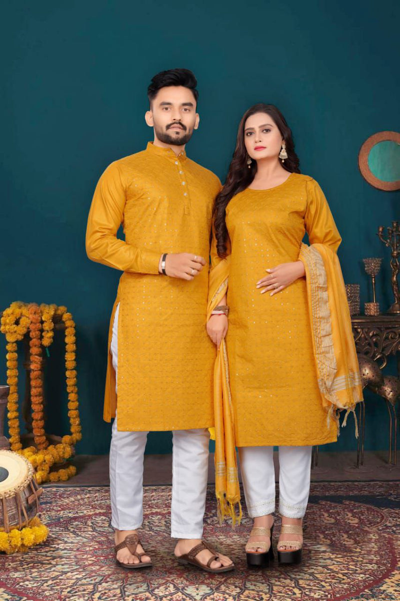 Indian Traditional Couple Combo Dress, Kurta Pajama Set For Men And Kurti Pajama Set For Women