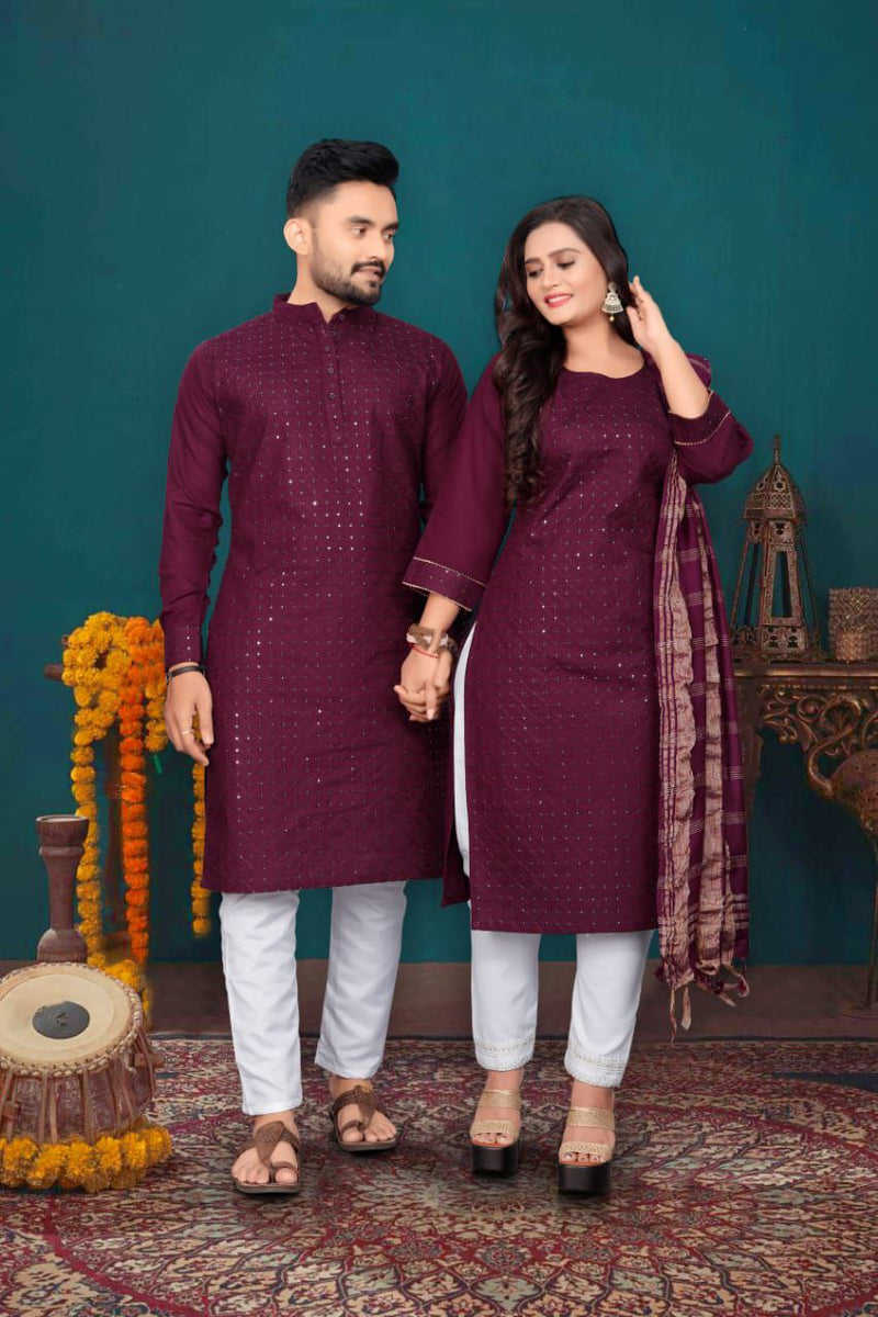 Indian Traditional Couple Combo Dress, Kurta Pajama Set For Men And Kurti Pajama Set For Women