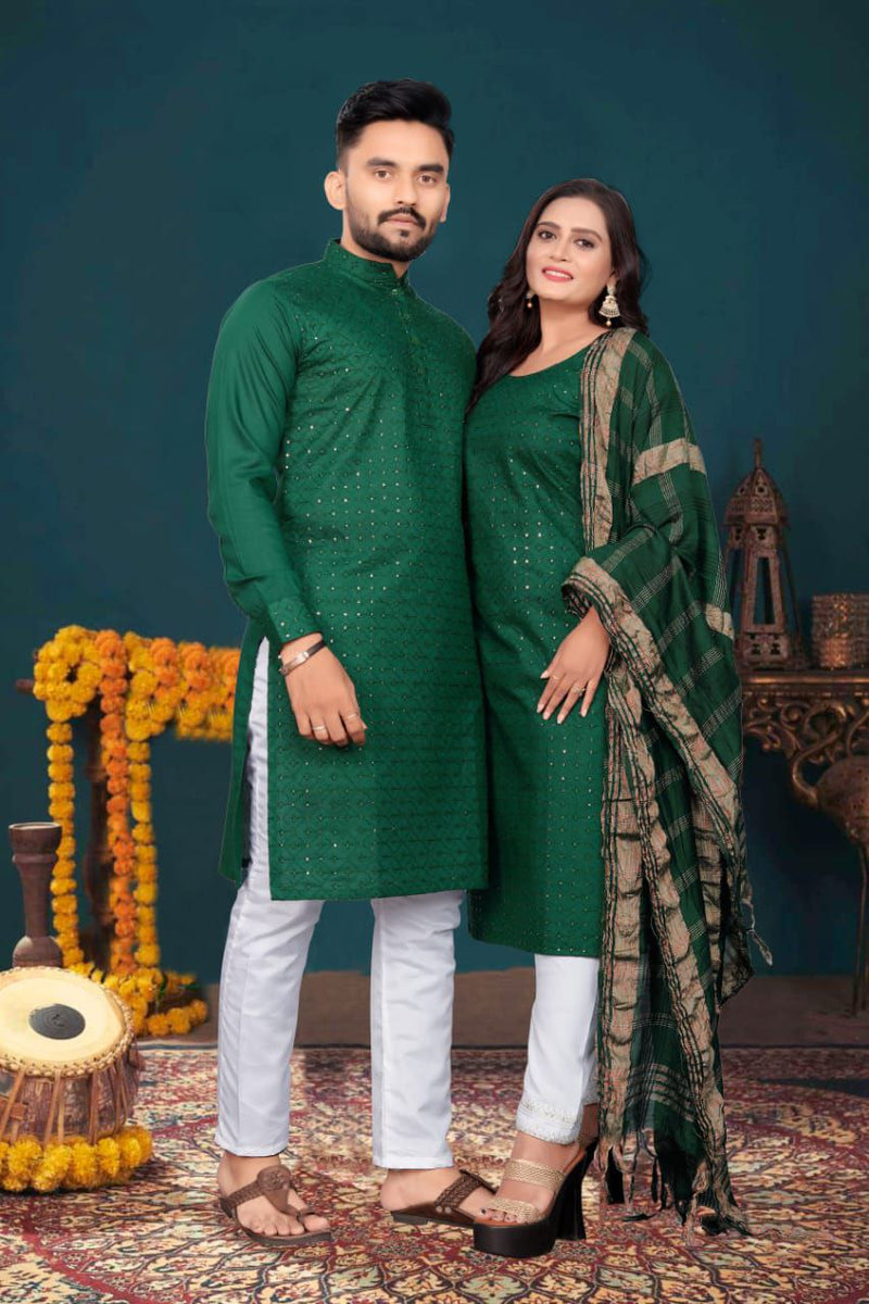 Indian Traditional Couple Combo Dress, Kurta Pajama Set For Men And Kurti Pajama Set For Women