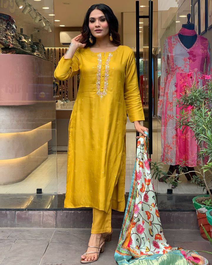 Bright Yellow Embroidered Chanderi Straight Silk Kurta Set with Printed Dupatta